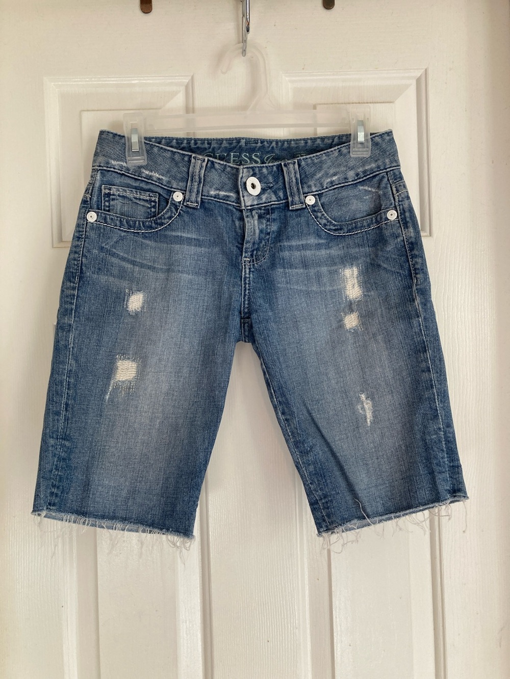 GUESS Women's Light Blue Distressed Denim Bermuda Shorts